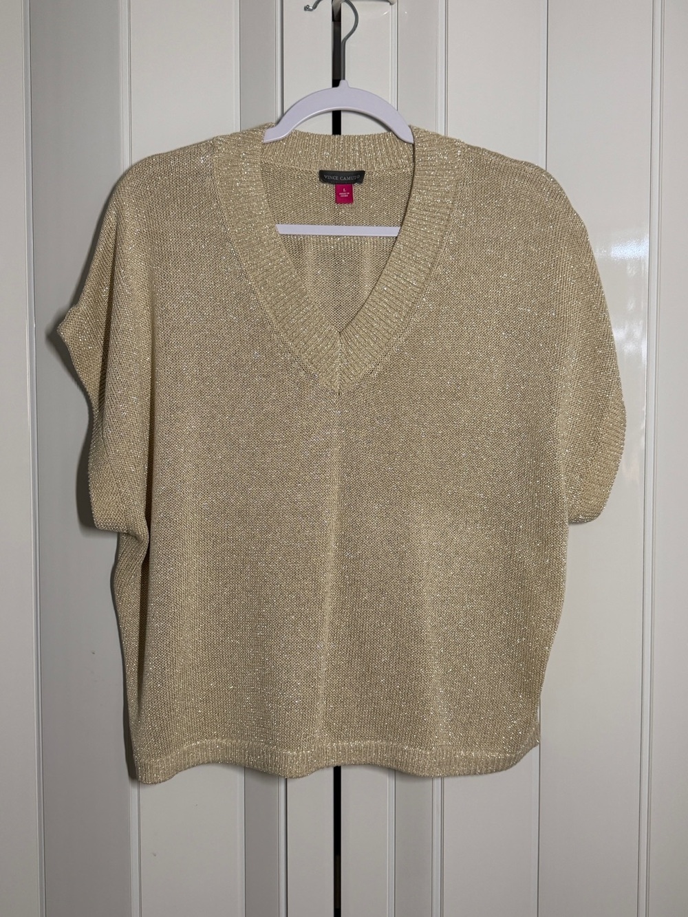 Vince Camuto Metallic Cream V-Neck Short Sleeve Sweater